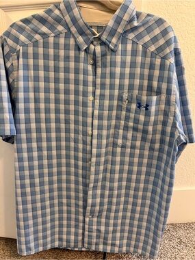 Under Armour Light Blue and White Check Short-Sleeve Button-Down Shirt